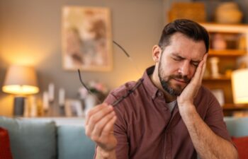 Tooth Pain And Dentistry. Young Man Suffering From Terrible Strong Teeth Pain, Touching Cheek With Hand. Feeling Painful Toothache. Dental Care And Health Concept. High Resolution